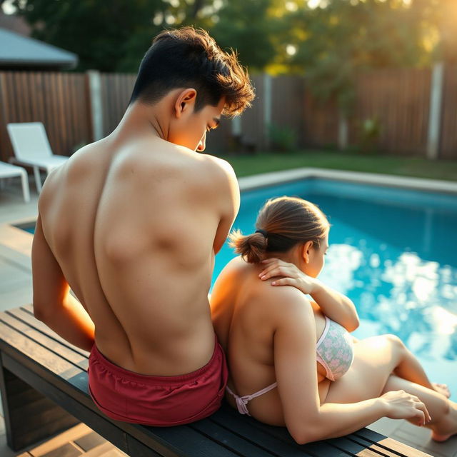 A 19-year-old Indonesian man with an athletic body applies lotion on the back of his older sister