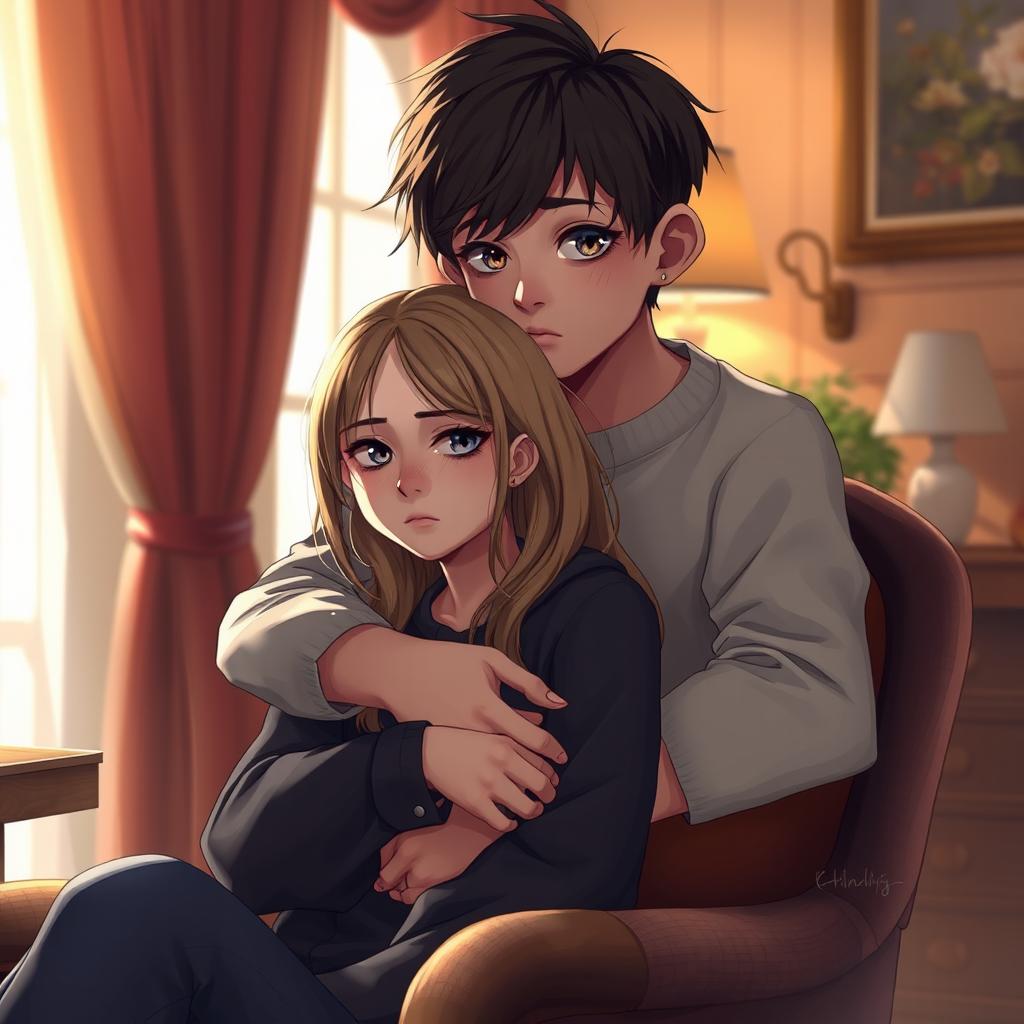 A digital art portrait featuring a teenage boy with sharp, caring eyes, gently embracing a teenage girl from behind