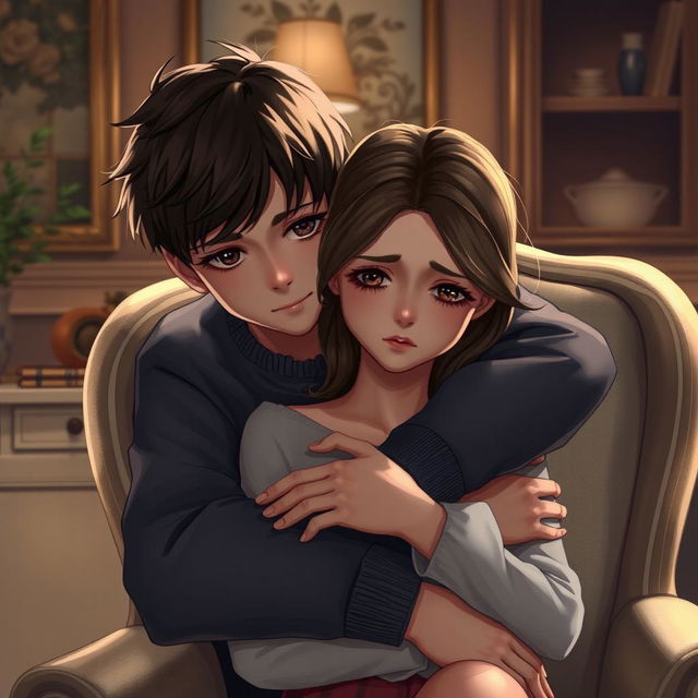 A digital art portrait featuring a teenage boy with sharp, caring eyes, gently embracing a teenage girl from behind