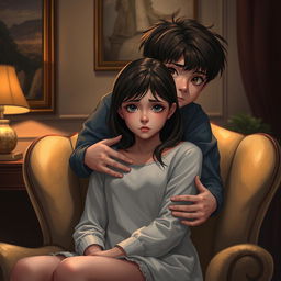 A digital art portrait featuring a teenage boy with sharp, caring eyes, gently embracing a teenage girl from behind