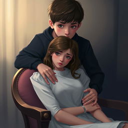 A digital art portrait featuring a teenage boy with sharp, empathetic eyes standing behind a teenage girl with a sad, contemplative gaze