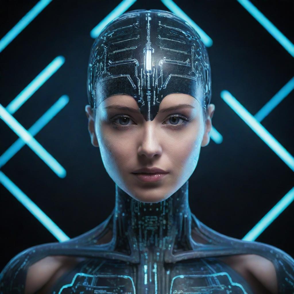 A futuristic hybrid of human and technology, an Artificial Intelligence represented as cybernetic entity with glowing circuit patterns.