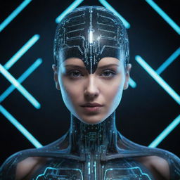 A futuristic hybrid of human and technology, an Artificial Intelligence represented as cybernetic entity with glowing circuit patterns.