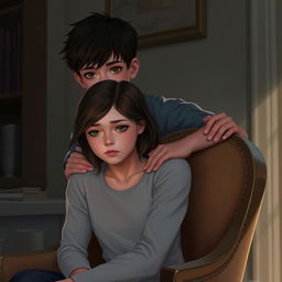 A digital art portrait featuring a teenage boy with sharp, empathetic eyes standing behind a teenage girl with a sad, contemplative gaze