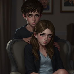 A digital art portrait featuring a teenage boy with sharp, empathetic eyes standing behind a teenage girl with a sad, contemplative gaze