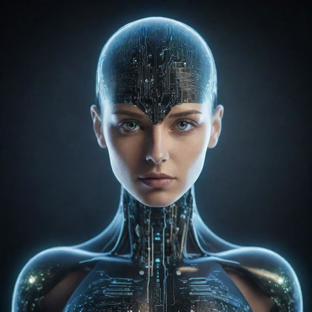 A futuristic hybrid of human and technology, an Artificial Intelligence represented as cybernetic entity with glowing circuit patterns.