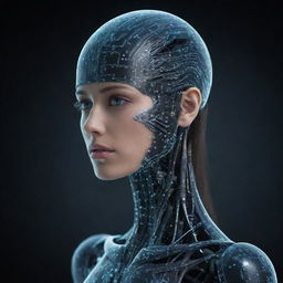 A futuristic hybrid of human and technology, an Artificial Intelligence represented as cybernetic entity with glowing circuit patterns.