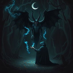 A dark and mystical scene depicting a demon pact ceremony deep within a shadowy forest