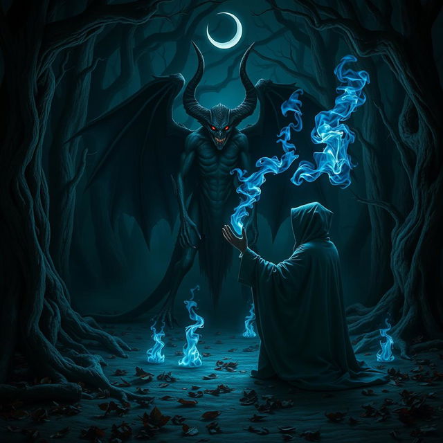 A dark and mystical scene depicting a demon pact ceremony deep within a shadowy forest