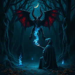 A dark and mystical scene depicting a demon pact ceremony deep within a shadowy forest