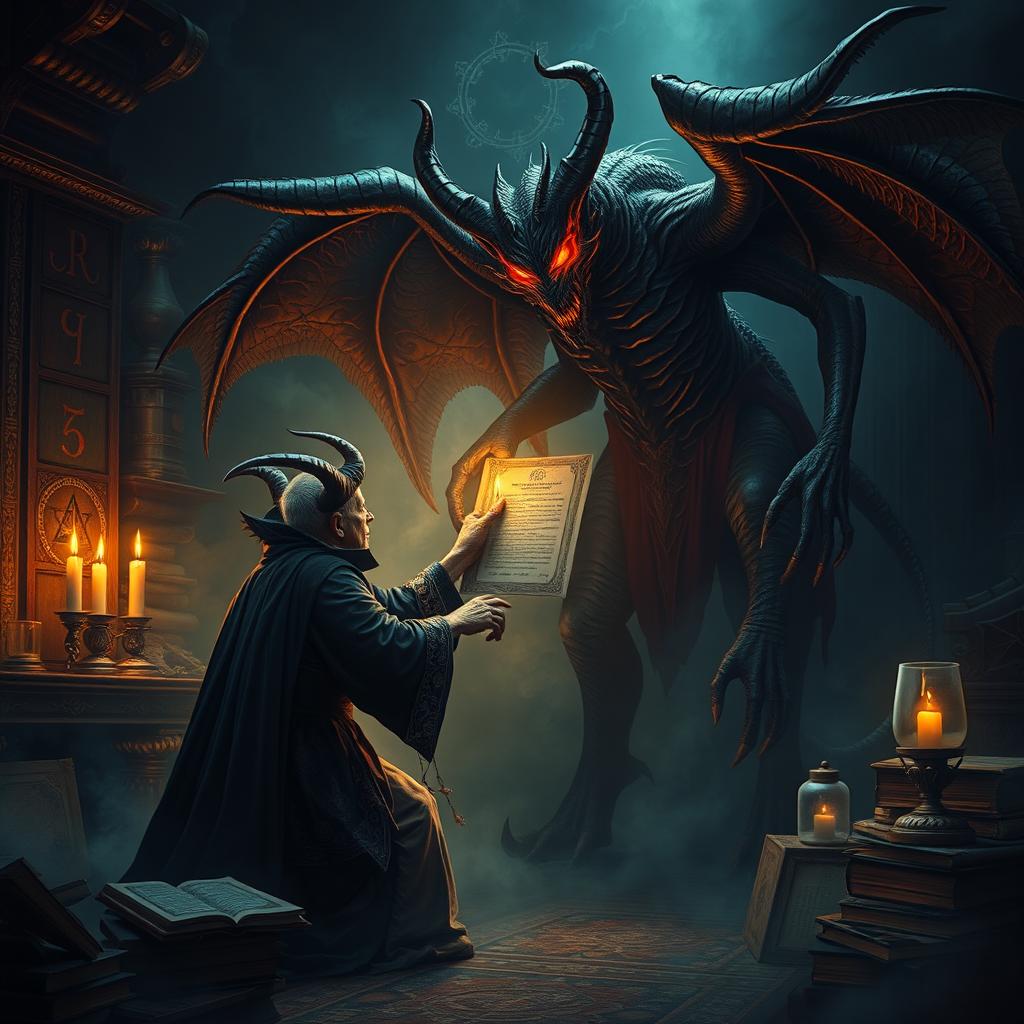 A sorcerer forging a pact with a powerful demon in a mystical, dimly lit chamber