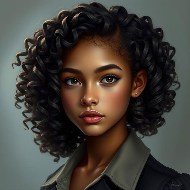 A digital art portrait of an elegant and beautiful teenage girl with gorgeous curly hair cascading down softly