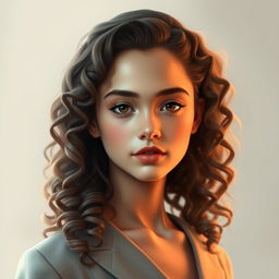 A digital art portrait of an elegant and beautiful teenage girl with gorgeous curly hair cascading down softly