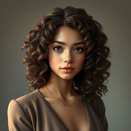 A digital art portrait of an elegant and beautiful teenage girl with gorgeous curly hair cascading down softly