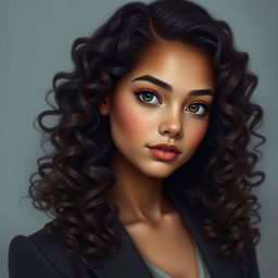 A digital art portrait of an elegant and beautiful teenage girl with gorgeous curly hair cascading down softly