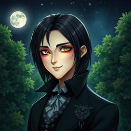 A benevolent vampire with kind eyes and a gentle smile, surrounded by lush green forests under a starry night sky