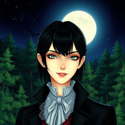 A benevolent vampire with kind eyes and a gentle smile, surrounded by lush green forests under a starry night sky