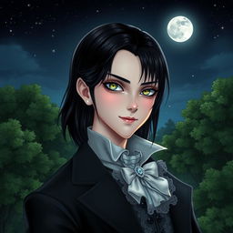 A benevolent vampire with kind eyes and a gentle smile, surrounded by lush green forests under a starry night sky