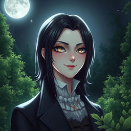 A benevolent vampire with kind eyes and a gentle smile, surrounded by lush green forests under a starry night sky