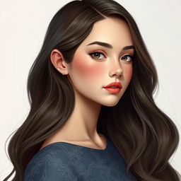 A digital art portrait of an elegant and beautiful teenage girl, featuring long, wavy hair cascading gracefully down her shoulders