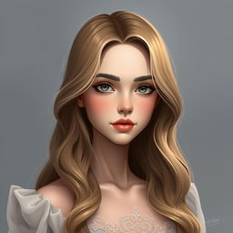 A digital art portrait of an elegant and beautiful teenage girl, featuring long, wavy hair cascading gracefully down her shoulders