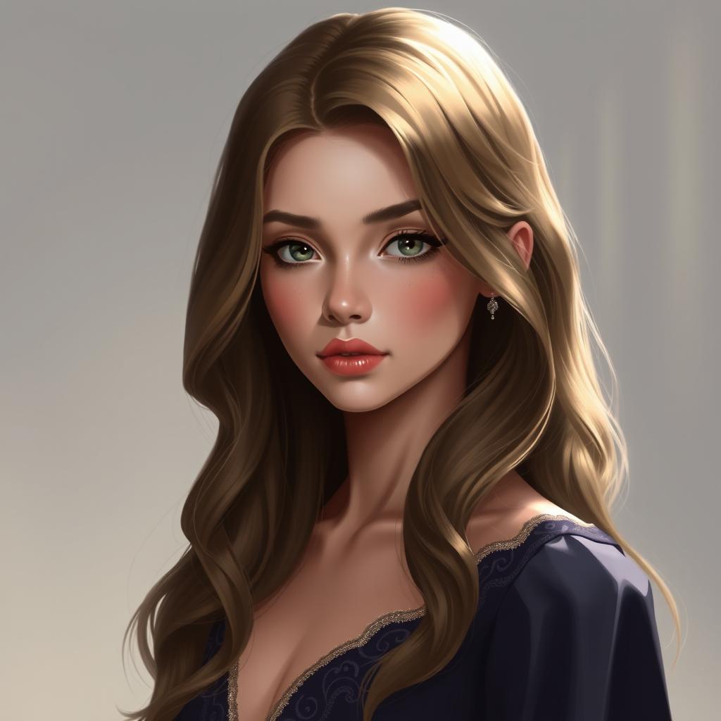 A digital art portrait of an elegant and beautiful teenage girl, featuring long, wavy hair cascading gracefully down her shoulders