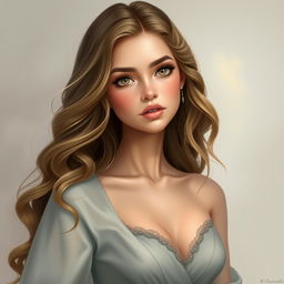 A digital art portrait of an elegant and beautiful teenage girl, featuring long, wavy hair cascading gracefully down her shoulders