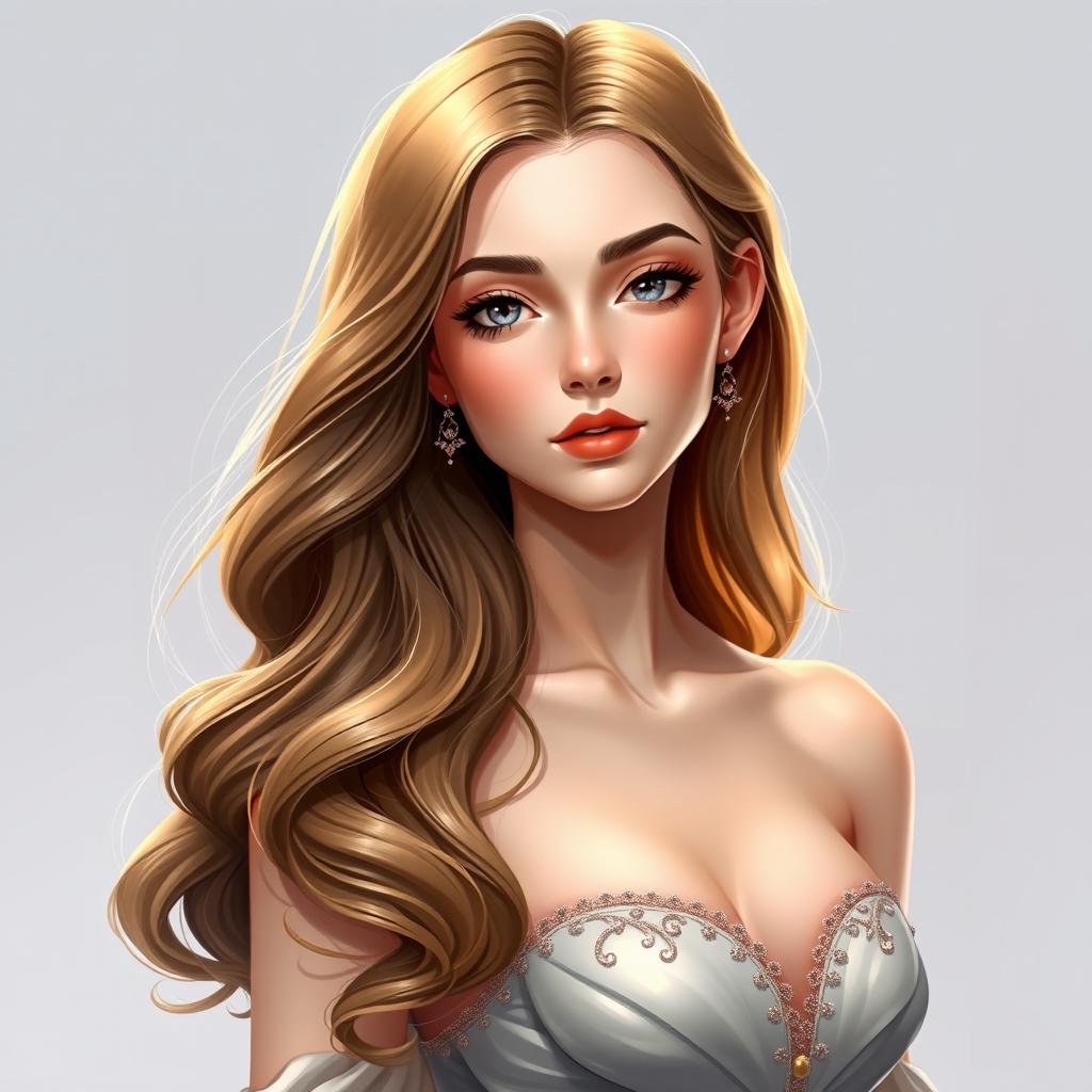 A digital art portrait of an elegant and beautiful teenage girl, showcasing her long, wavy hair cascading gracefully down her shoulders