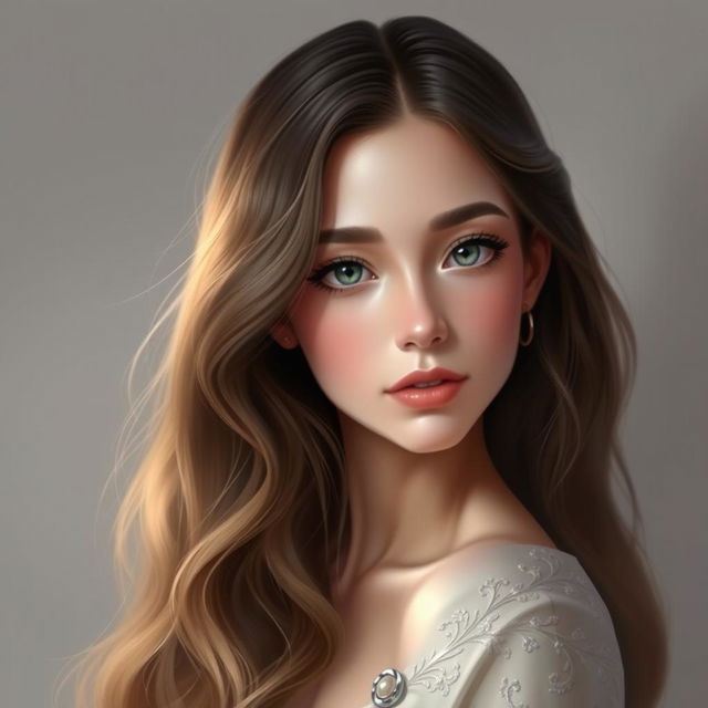 A digital art portrait of an elegant and beautiful teenage girl, showcasing her long, wavy hair cascading gracefully down her shoulders