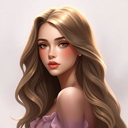 A digital art portrait of an elegant and beautiful teenage girl, showcasing her long, wavy hair cascading gracefully down her shoulders