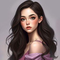 A digital art portrait of an elegant and beautiful teenage girl, showcasing her long, wavy hair cascading gracefully down her shoulders