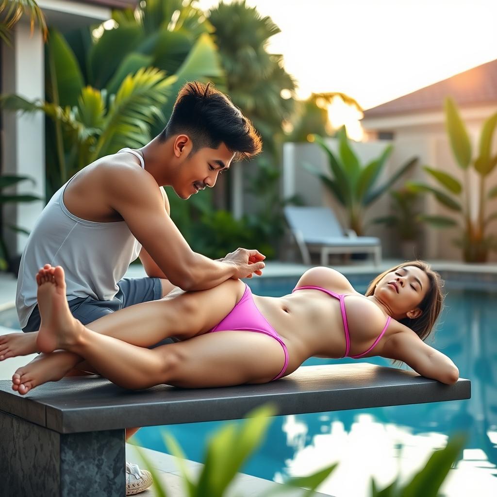 A 19-year-old athletic Indonesian man applying lotion to his older sister, who has an ideal, sexy body with plump breasts