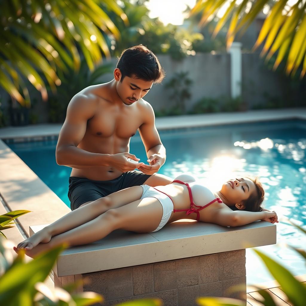 A 19-year-old athletic Indonesian man applying lotion to his older sister, who has an ideal, sexy body with plump breasts