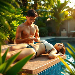 A 19-year-old athletic Indonesian man applying lotion to his older sister, who has an ideal, sexy body with plump breasts