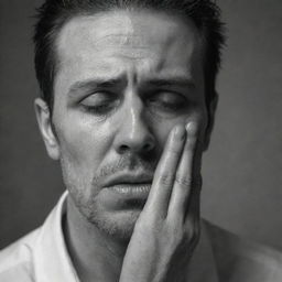 Create an image of a deeply saddened man, tears streaming down his face as he attempts to wipe them away. His expression exhibits profound mourning.