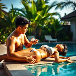 A 19-year-old athletic Indonesian man applying lotion to his older sister, who has an ideal, sexy body with plump breasts