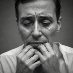 Create an image of a deeply saddened man, tears streaming down his face as he attempts to wipe them away. His expression exhibits profound mourning.