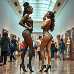 two stunning tall, skinny women with long legs posed amidst the bustling exhibits of an art museum