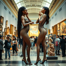 two stunning tall, skinny women with long legs posed amidst the bustling exhibits of an art museum