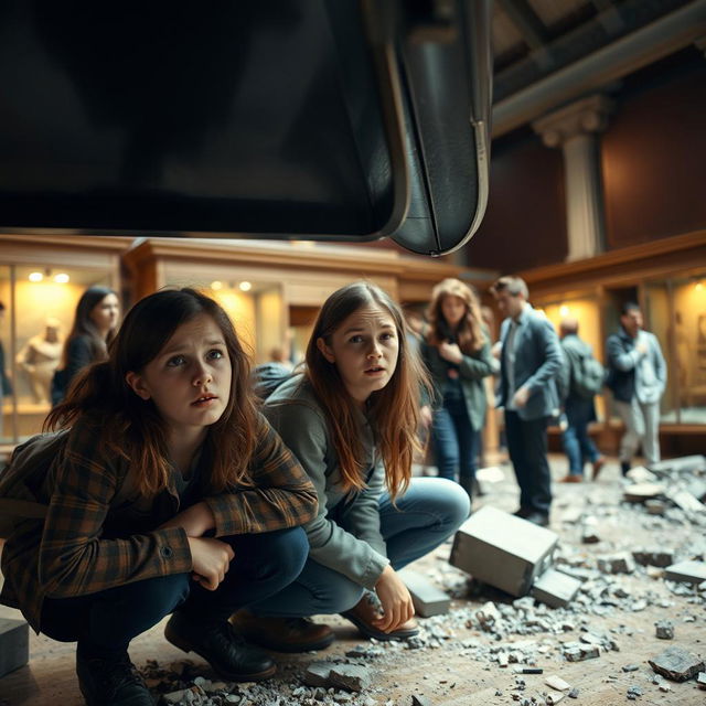 An intense scene inside a museum during an earthquake, with two teenagers, looking around 17 or 18, crouching under a table