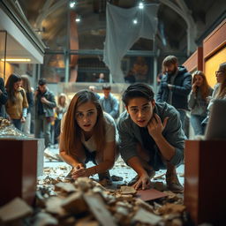 An intense scene inside a museum during an earthquake, with two teenagers, looking around 17 or 18, crouching under a table