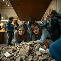 An intense scene inside a museum during an earthquake, with two teenagers, looking around 17 or 18, crouching under a table