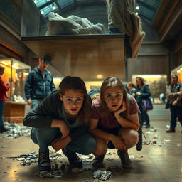 An intense scene inside a museum during an earthquake, with two teenagers, looking around 17 or 18, crouching under a table