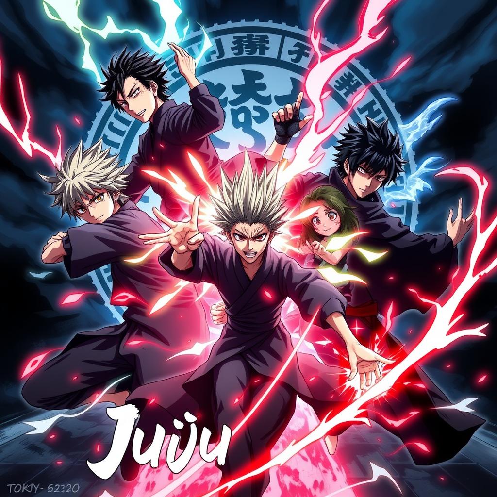 A dynamic Jujutsu Kaisen anime poster featuring key characters like Yuji Itadori, Megumi Fushiguro, Nobara Kugisaki, and the enigmatic Satoru Gojo