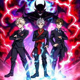 An engaging anime poster featuring the collaboration and confrontation between Yuta Okkotsu, Satoru Gojo, Ryomen Sukuna, and Yuji Itadori from Jujutsu Kaisen