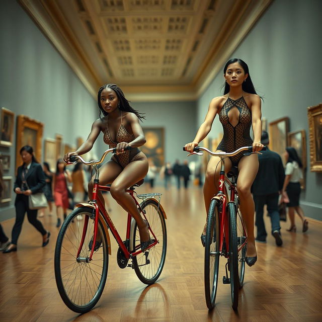 two stunning tall, skinny women with long legs biking elegantly through the halls of a bustling museum