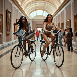 two stunning tall, skinny women with long legs biking elegantly through the halls of a bustling museum