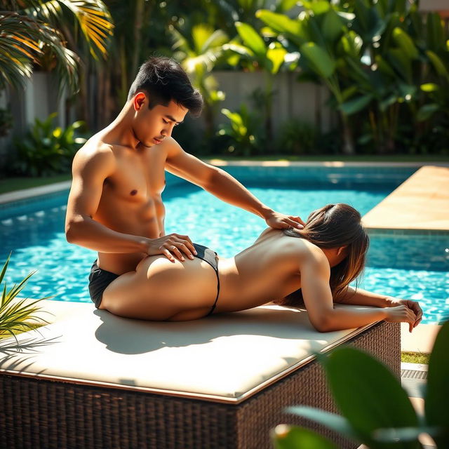 A 19-year-old athletic Indonesian man gently massaging the back of his older sister, who has an ideal, sexy body with plump breasts