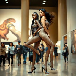 two stunning tall, skinny women with long legs creating a dynamic scene in the bustling environment of a museum