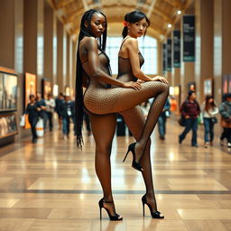 two stunning tall, skinny women with long legs creating a dynamic scene in the bustling environment of a museum